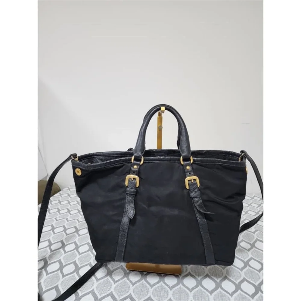 Authentic Prada Nylon and Leather Satchel Bag Black